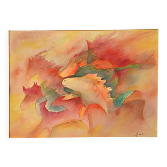 "Fire Horses" expressionist watercolor signed