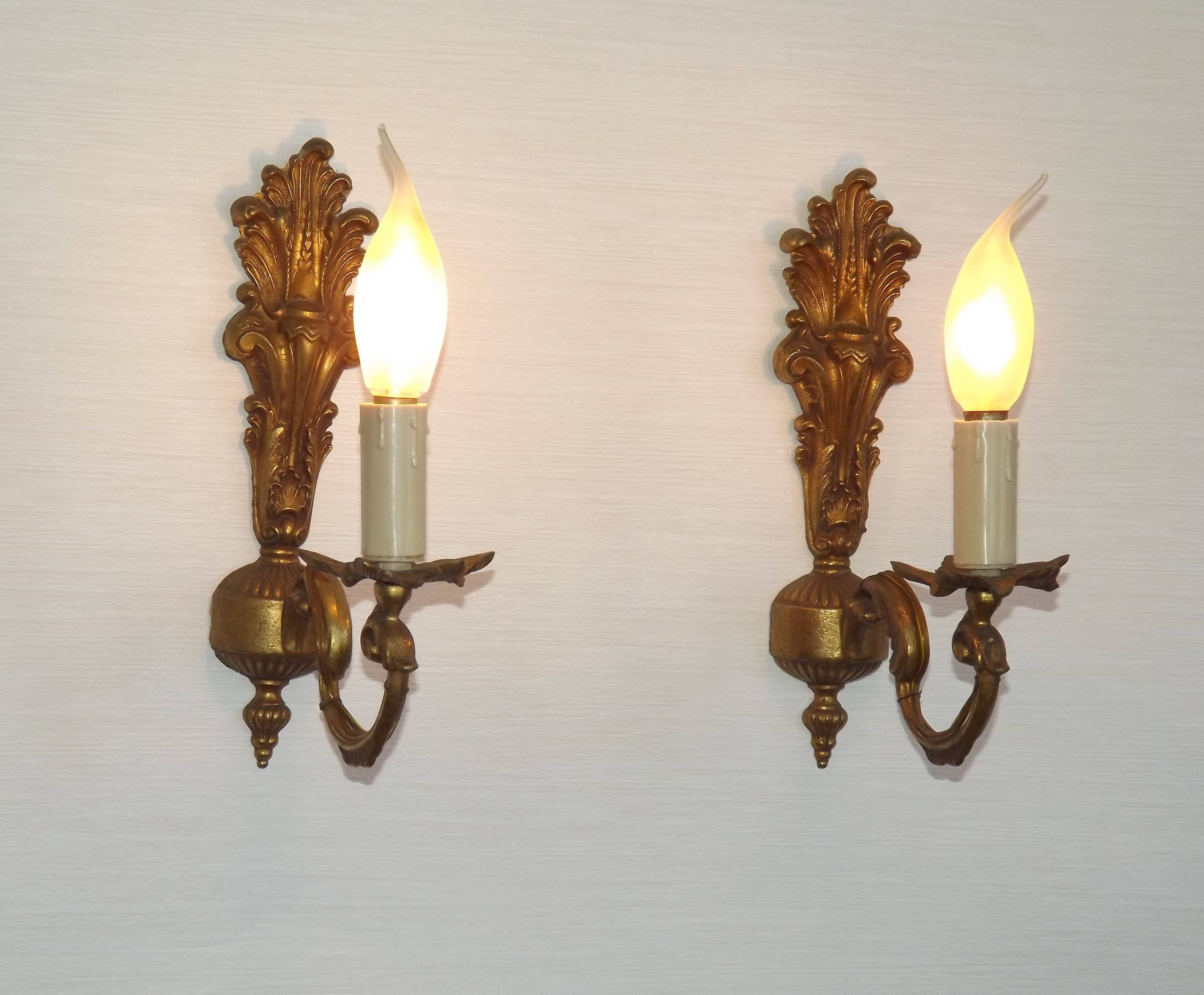 Pair French Gilt Bronze Single Wall Sconces Leaf & Feather Plume Detail