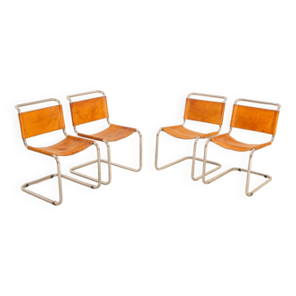 4 chaises "S33" cuir cognac par Mart Stam pour Fasem 80's