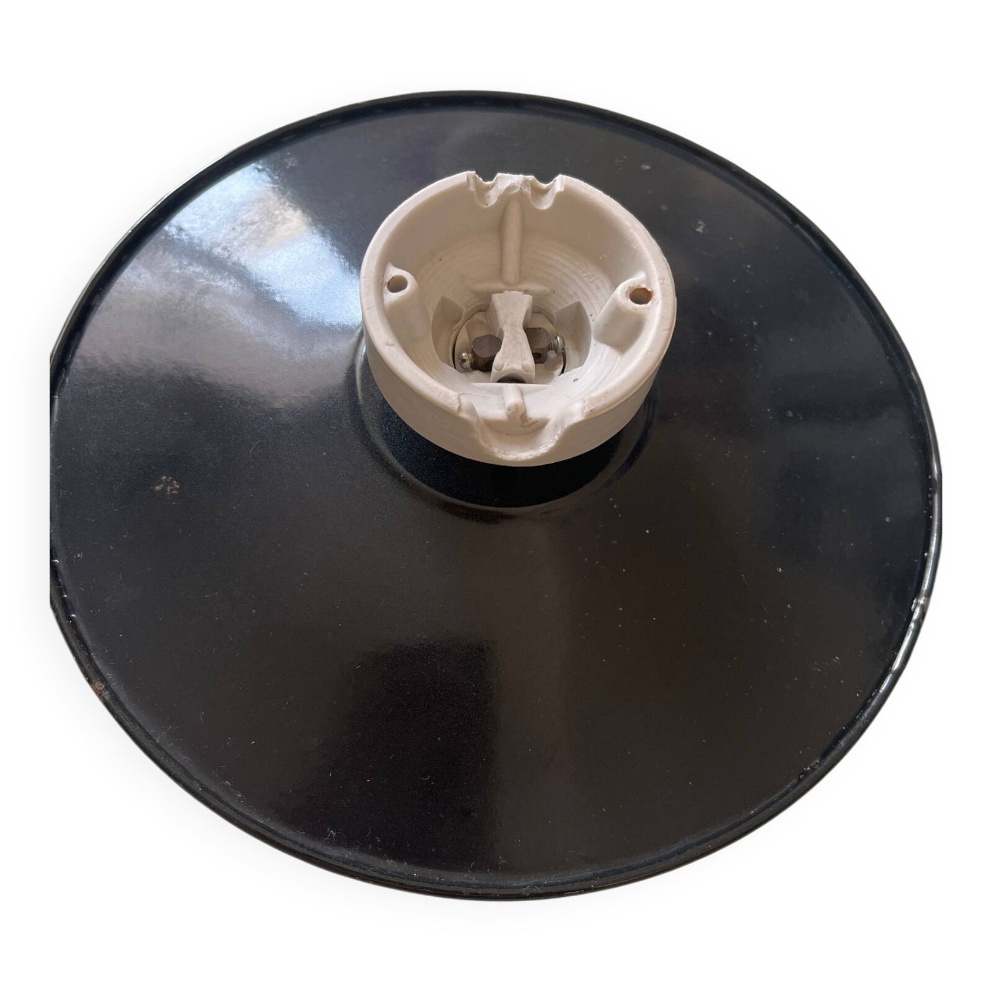 Vintage industrial reflector lampshade in black enamelled sheet metal & socket