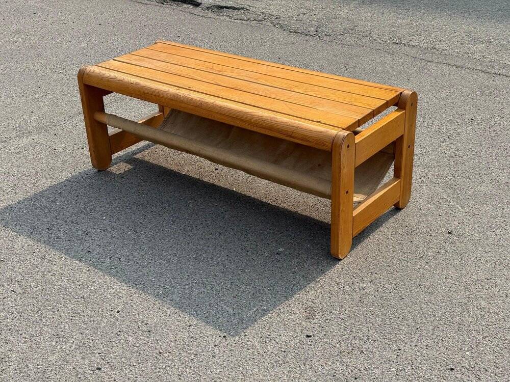 Scandinavian pine bench with canvas storage, 1970s