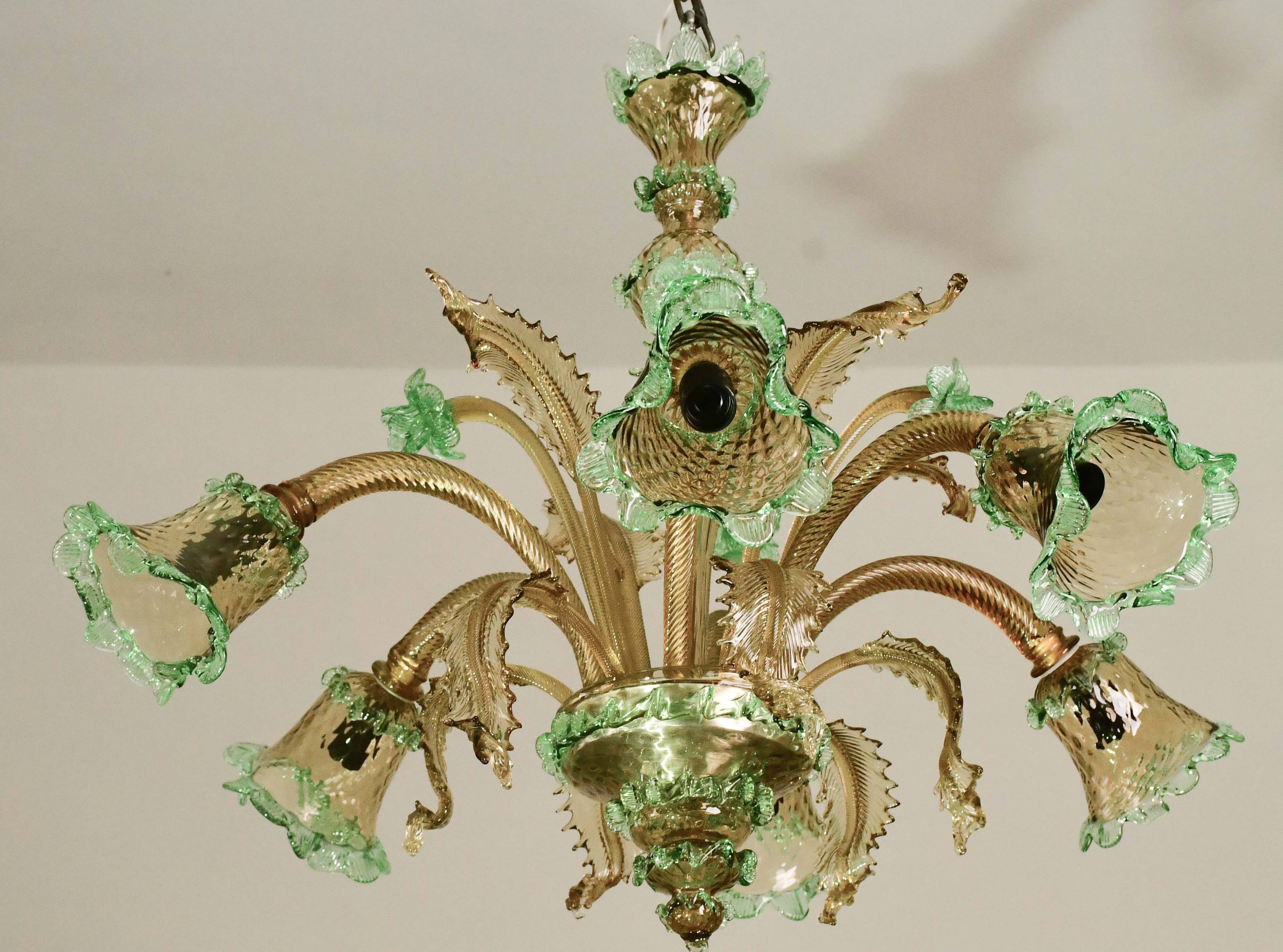 6 arms vintage Venetian chandelier, green Murano glass, 1950s