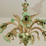 6 arms vintage Venetian chandelier, green Murano glass, 1950s