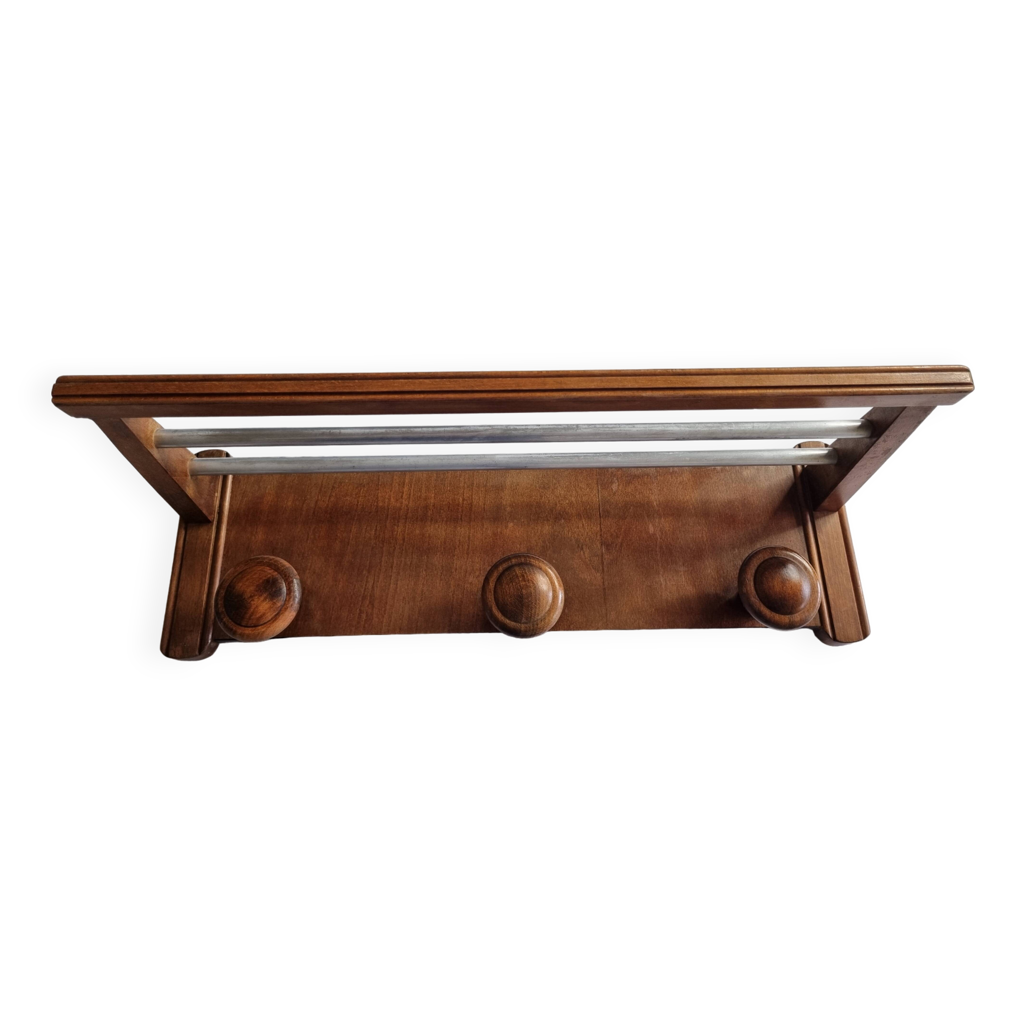 Vintage wall mounted coat rack in wood and metal, 3 hooks, retro style