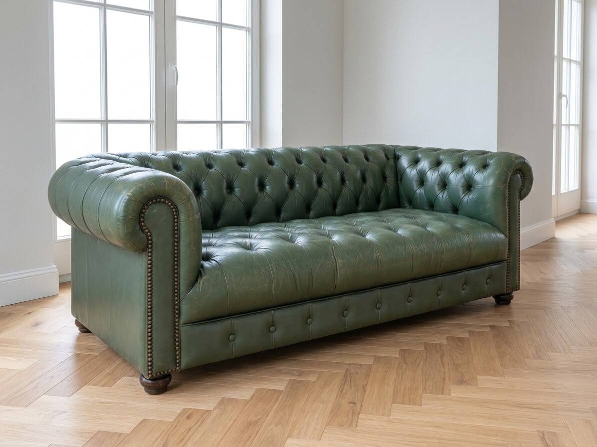 Classic 3-seater Chesterfield sofa in green leather