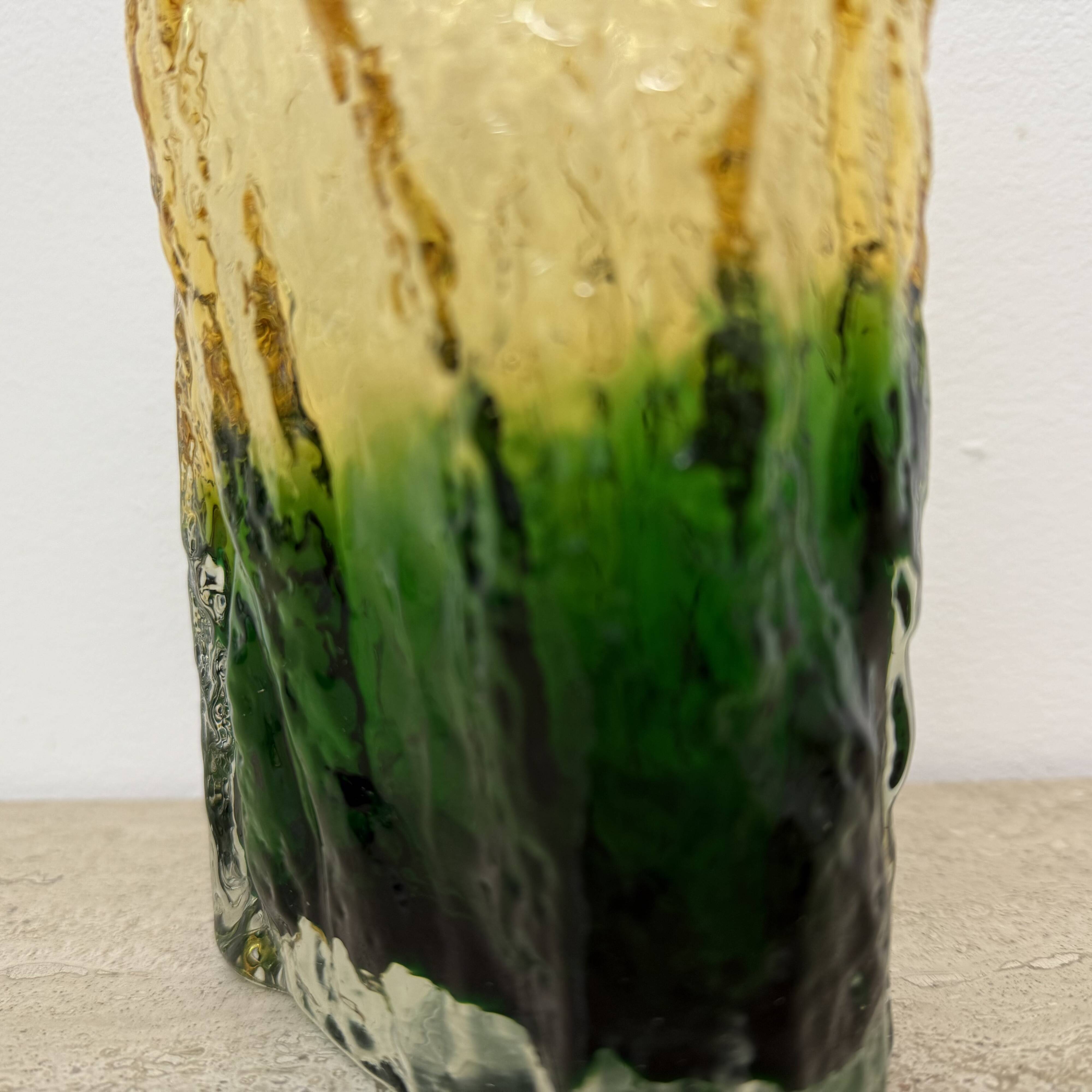 Vintage bark glass vase yellow and green , 1970’s