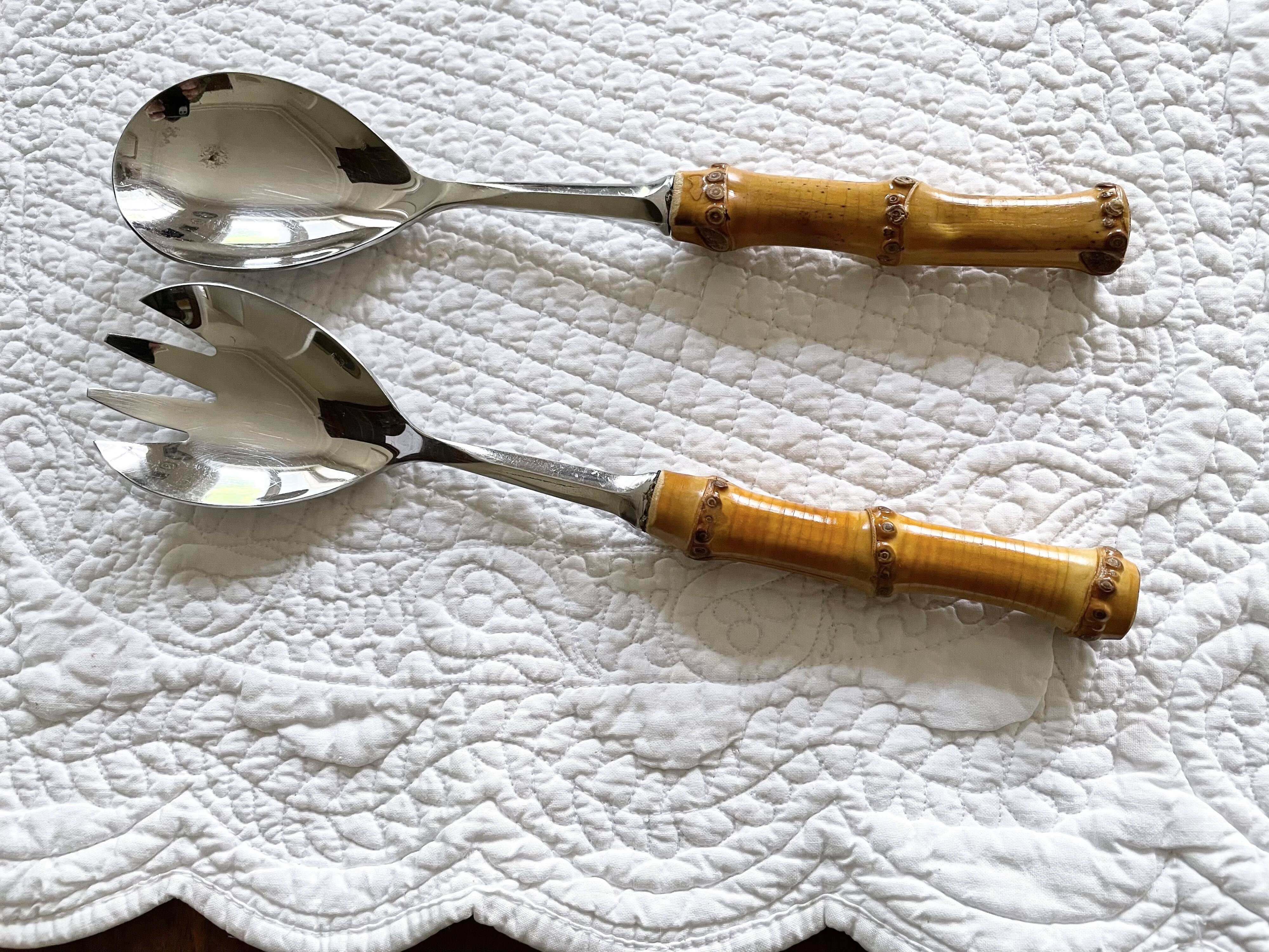 Serving cutlery with bamboo and stainless steel handles