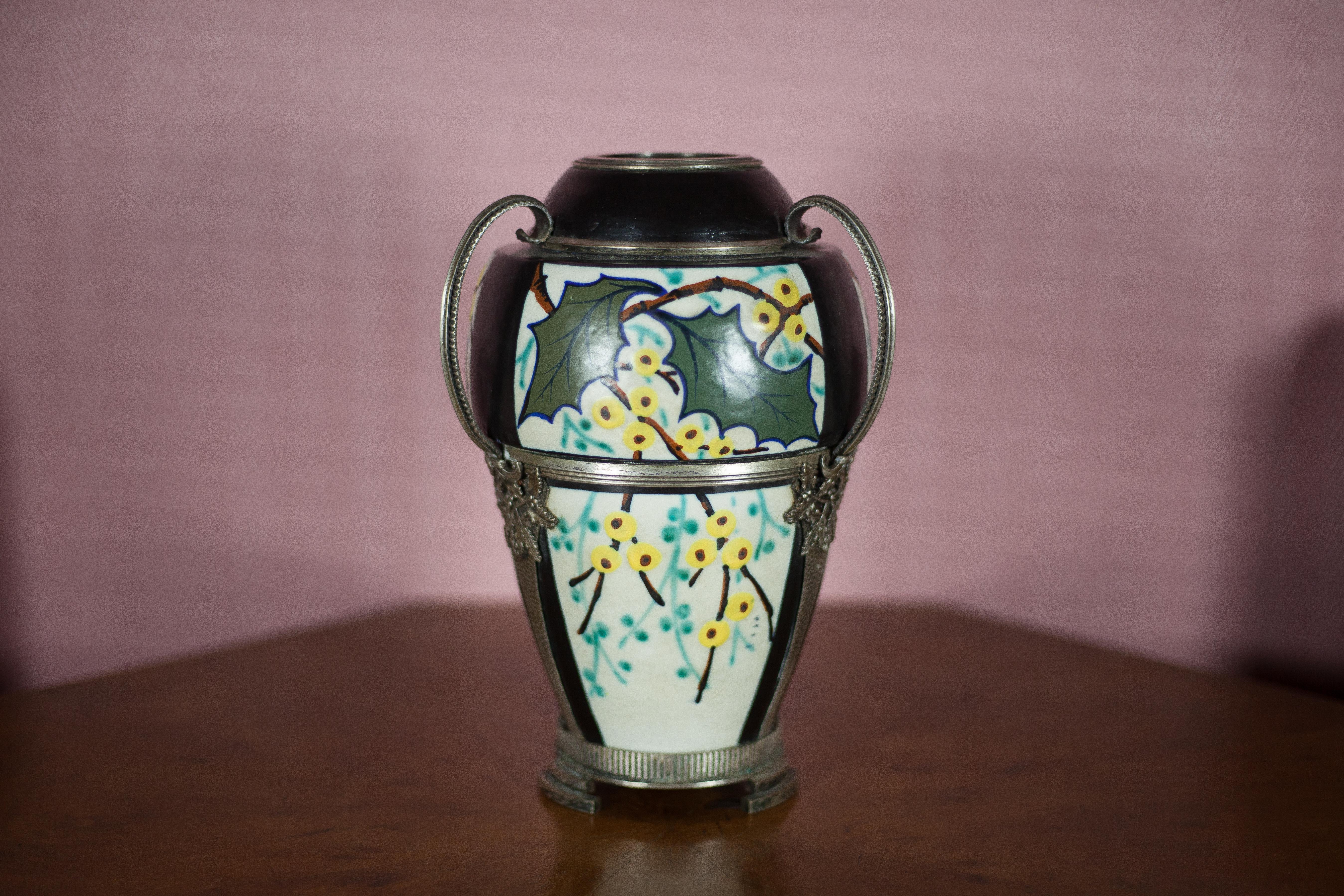 Ceramic vase with silver frame, vase signed by Argyl, Art Nouveau vase, art deco, collection