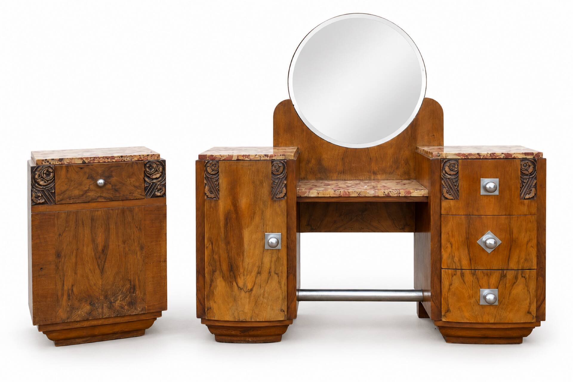 Ensemble coiffeuse 1930 Art Déco en Noyer avec dessus marbre et chevet