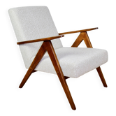 Fauteuil vintage B-310 VAR blanc en bouclé structurel des années 1970 - bois couleur hêtre