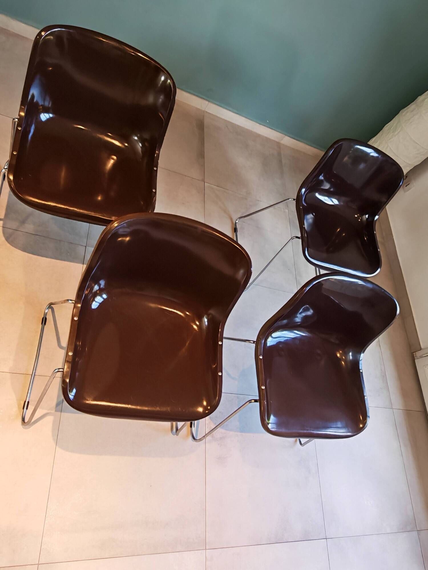 4 Vintage Space Age Chocolate Brown & Chrome Chairs 1970