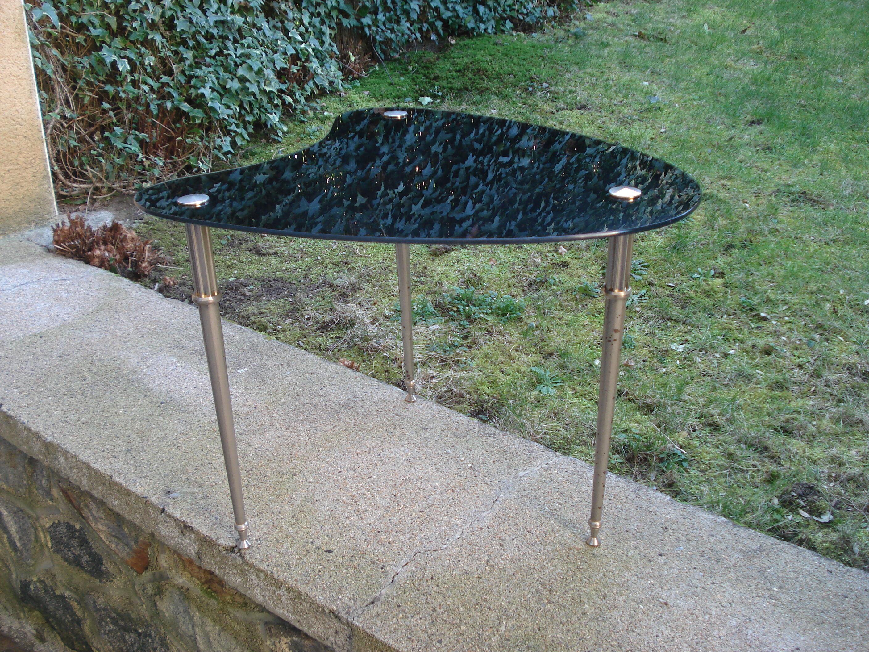 Side table black glass top and metal base