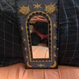 Small Ceramic Mirror with Mosaic Patterns and Yellow and Blue Paintings.