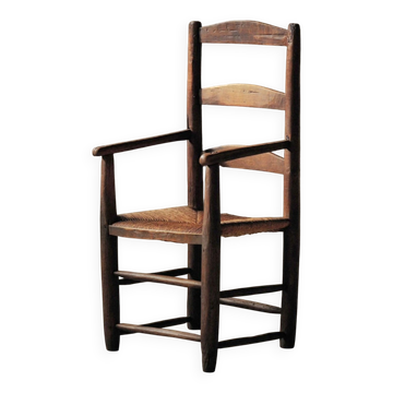Peasant armchair in solid wood and straw, 19th century