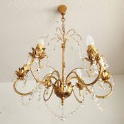 Messing vergoldet 6-Licht Kronleuchter Lampe Wasserfall Kristall 1950-1970
