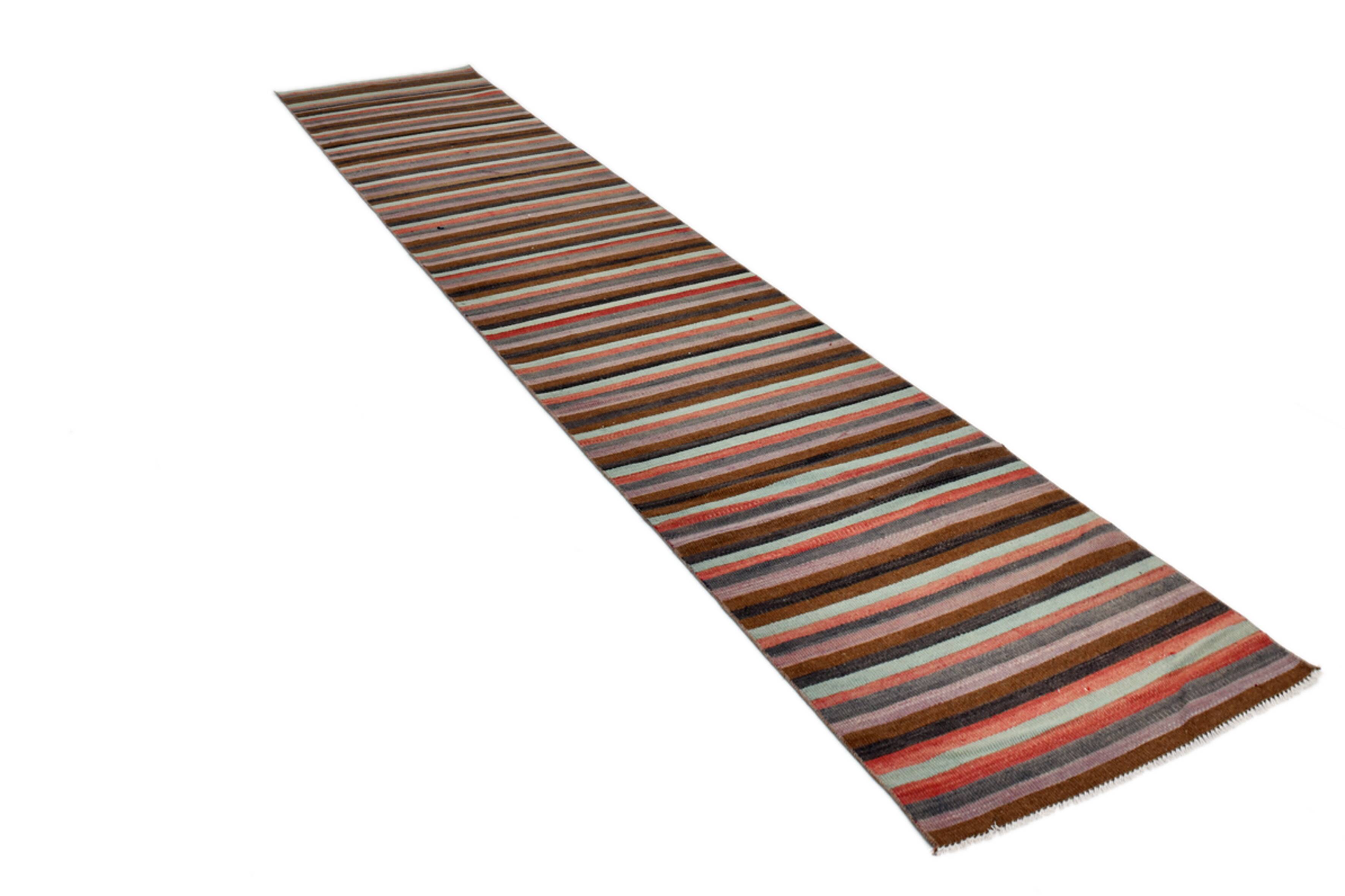 Tapis couloir artisanal, look bohème, couleurs pastel délavées, 415x70Cm