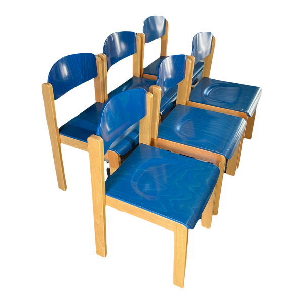 Série de 6 chaises vintage empilables, design italien, hêtre teinté bleu, ca 1980