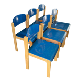 Series of 6 stackable vintage chairs, italian design, blue tinted beech, ca 1980