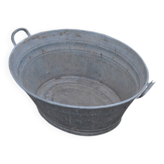 Oval zinc bucket in grey with double handles, Hungary, 1950s