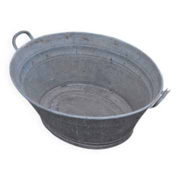 Oval zinc bucket in grey with double handles, Hungary, 1950s