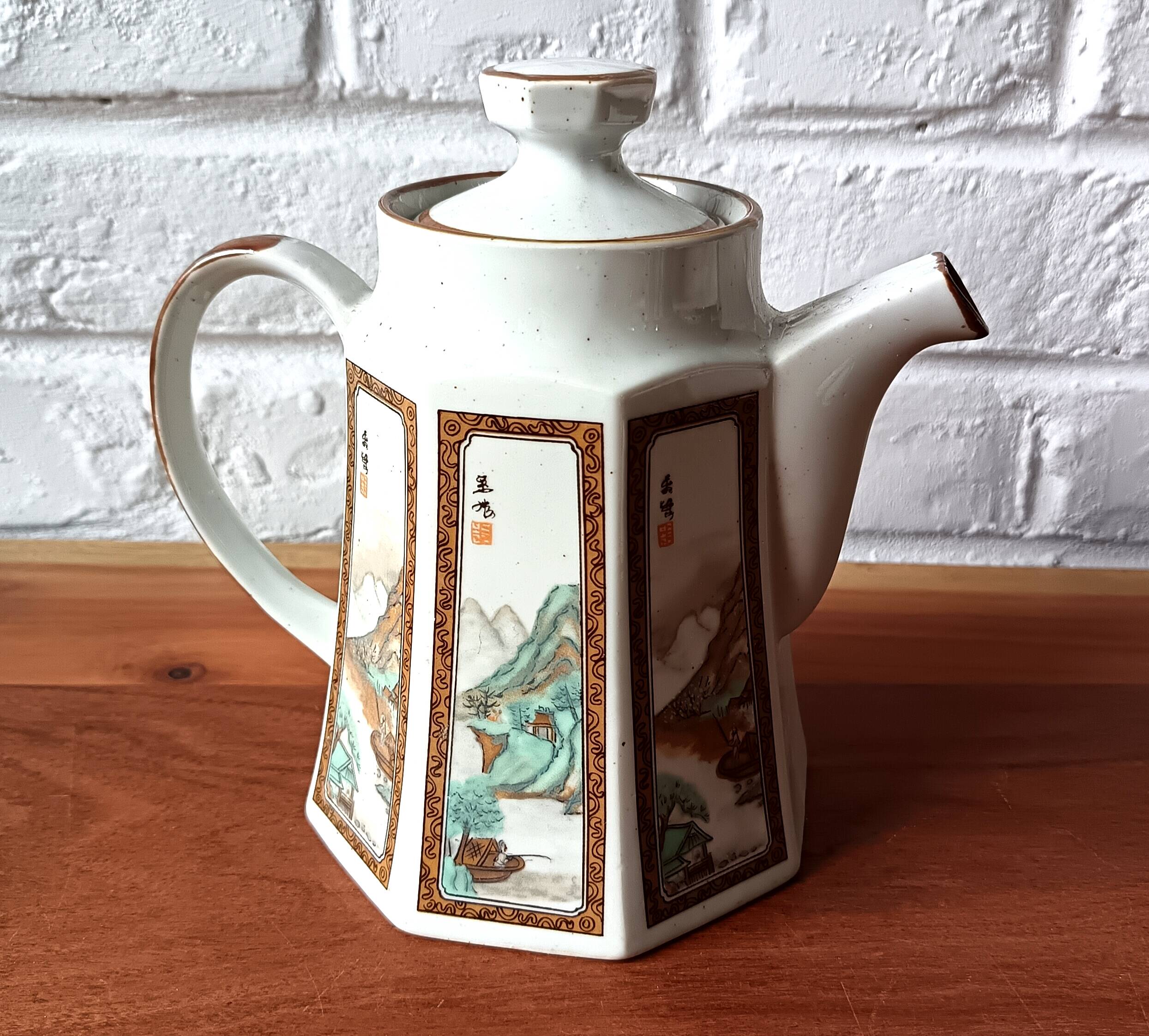 Asian ceramic tea set, mazagrans and teapot with landscape motif
