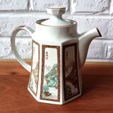 Asian ceramic tea set, mazagrans and teapot with landscape motif