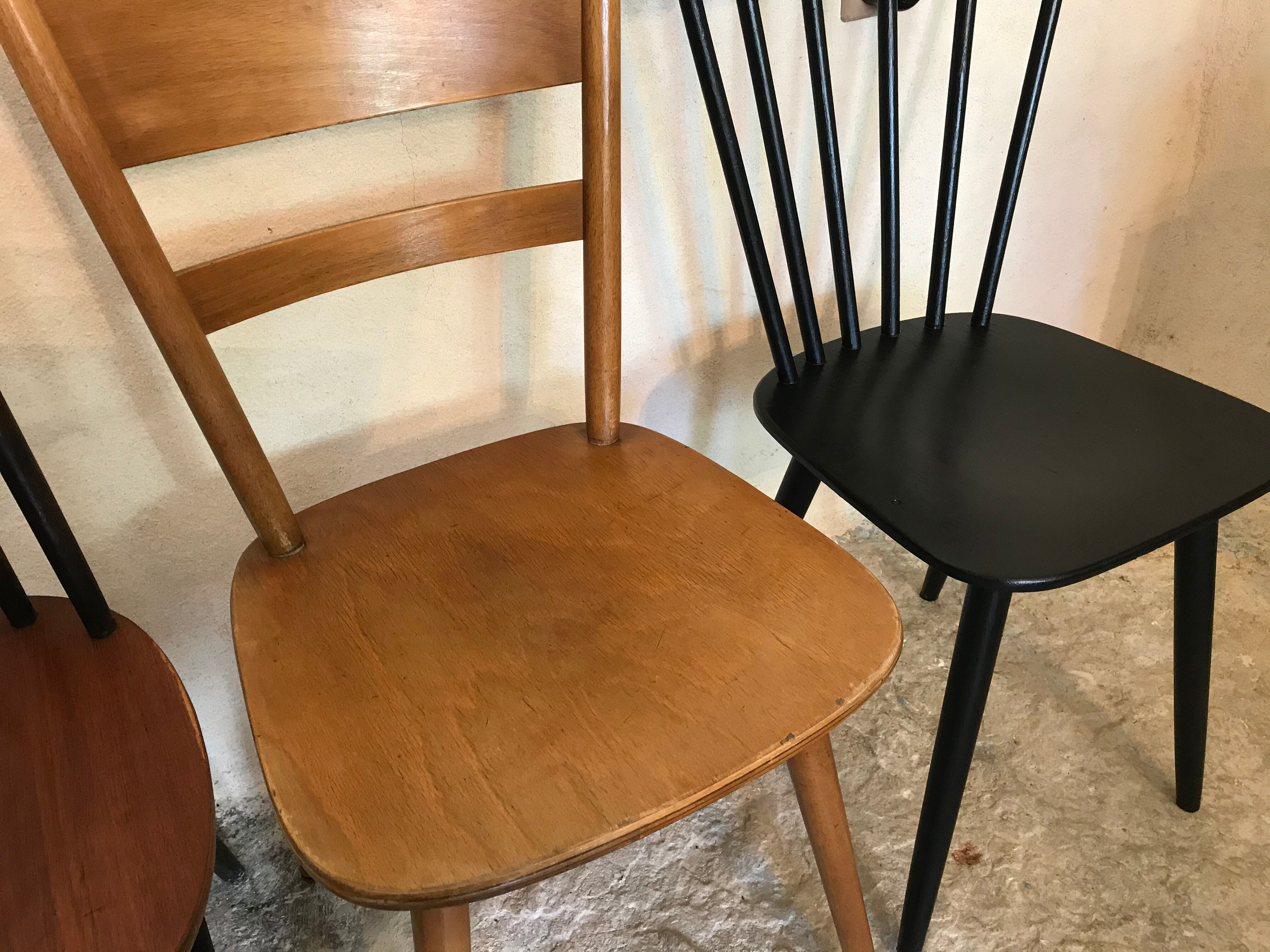 Set of 4 mismatched vintage chairs compass feet