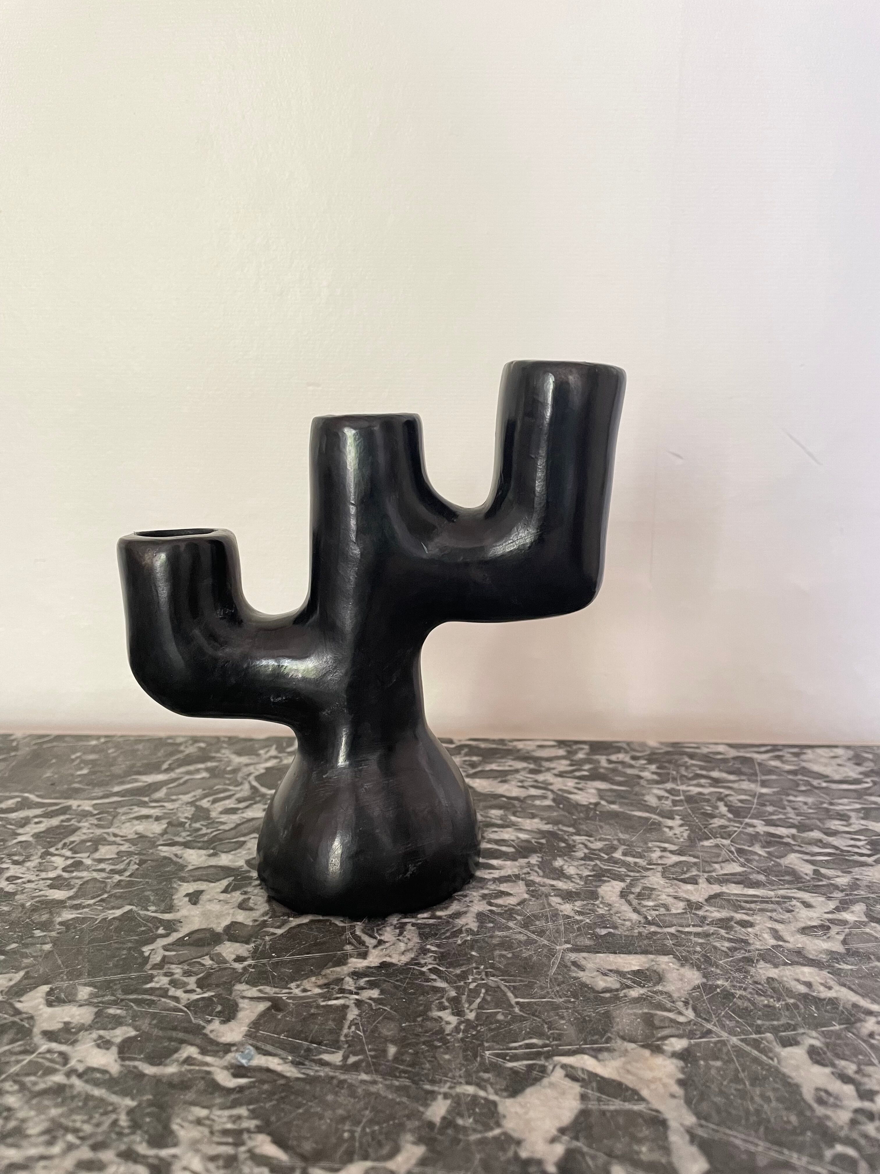 Black clay candle holder