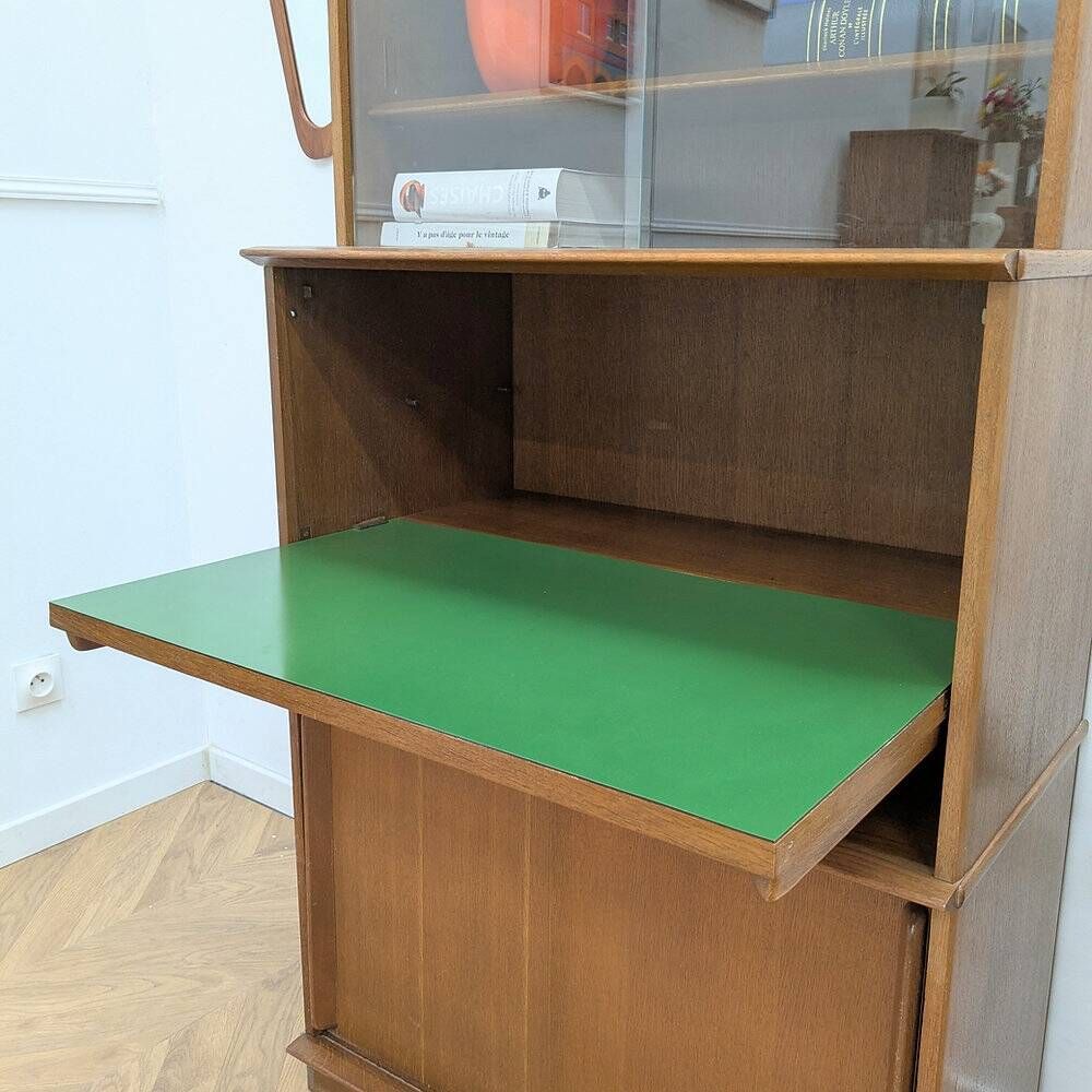 Vintage library by Didier Rozaffy for Oscar, oak and glass, 1950s.