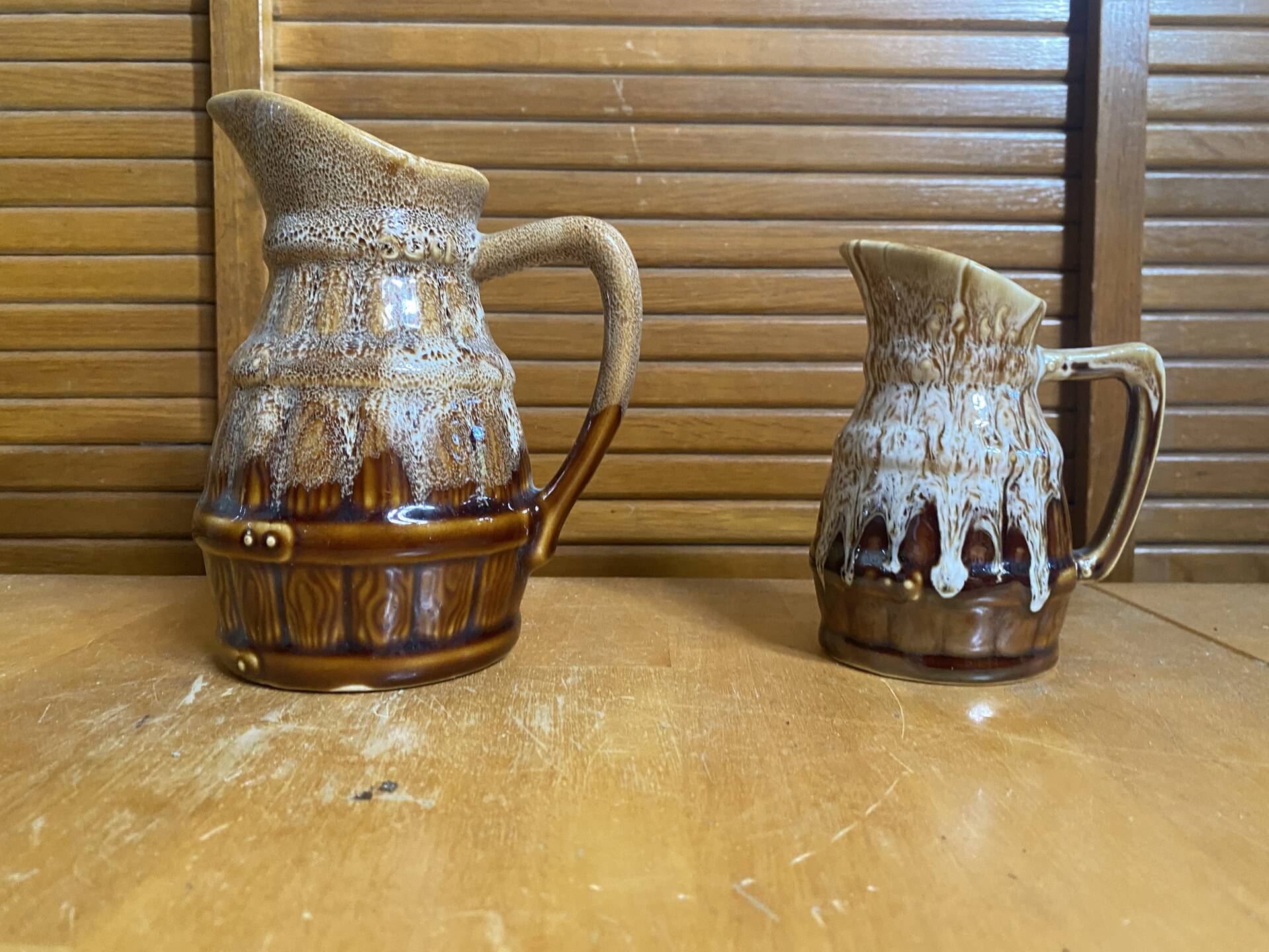 Pair of Barrel-Shaped Pitchers REVOL Flamed Ceramic 1/4 Litre Vintage
