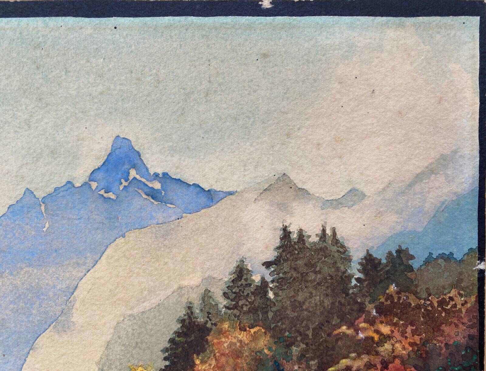 Watercolor Painting "Alpine landscape" with river and snow-capped mountains