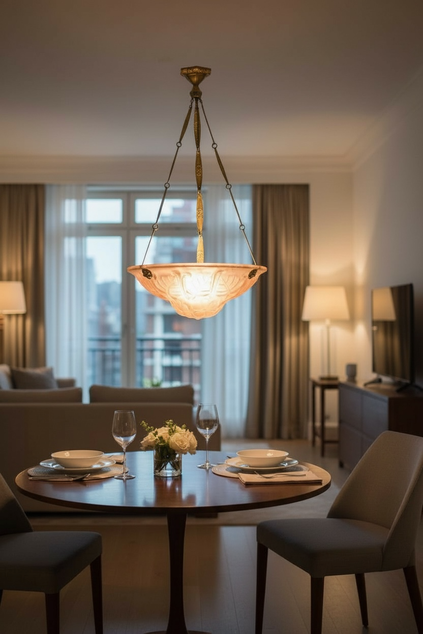 Art Deco glass and bronze pendant light/basin signed Degué