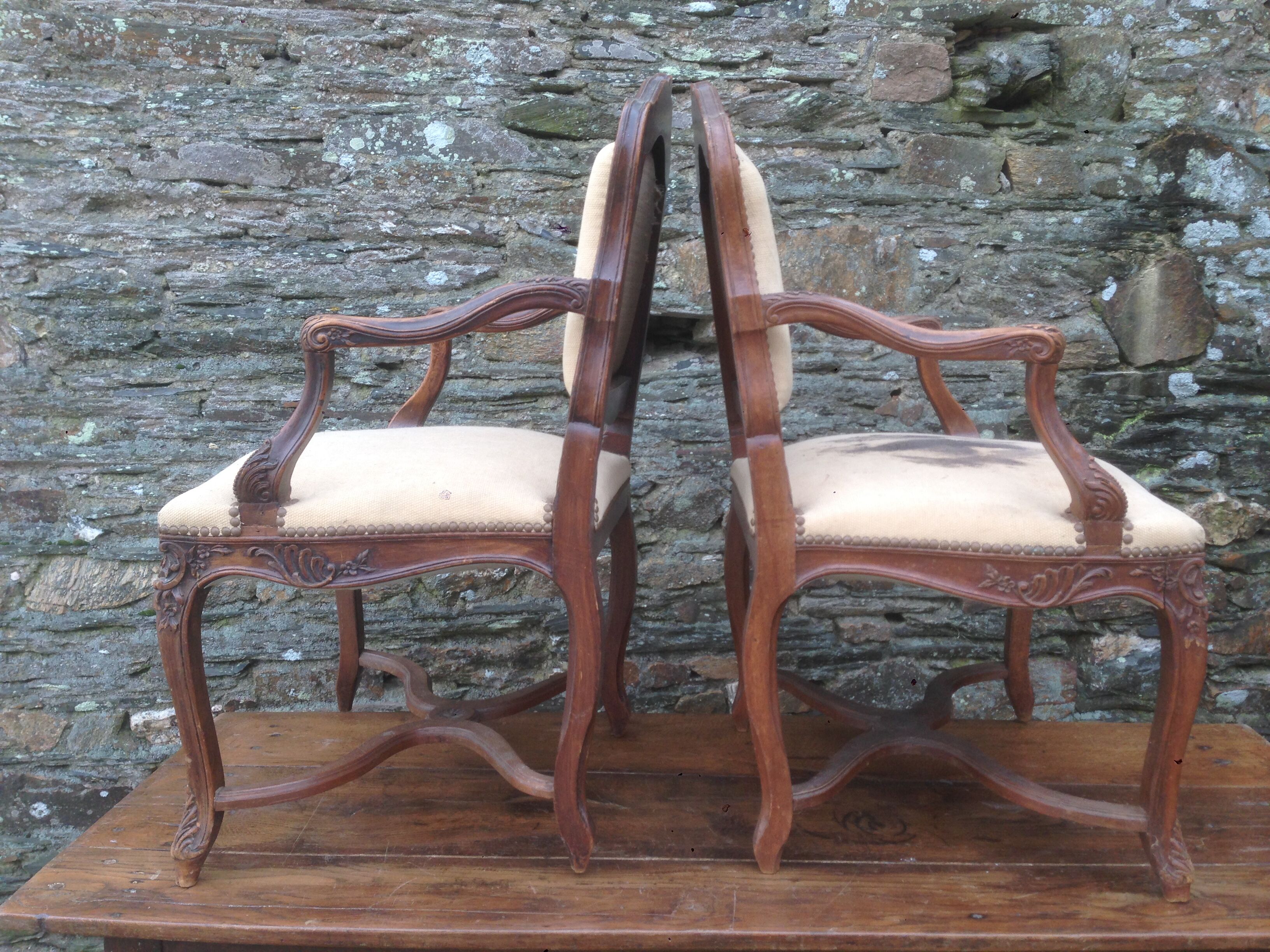 Pair of Louis XV-style walnut armchairs