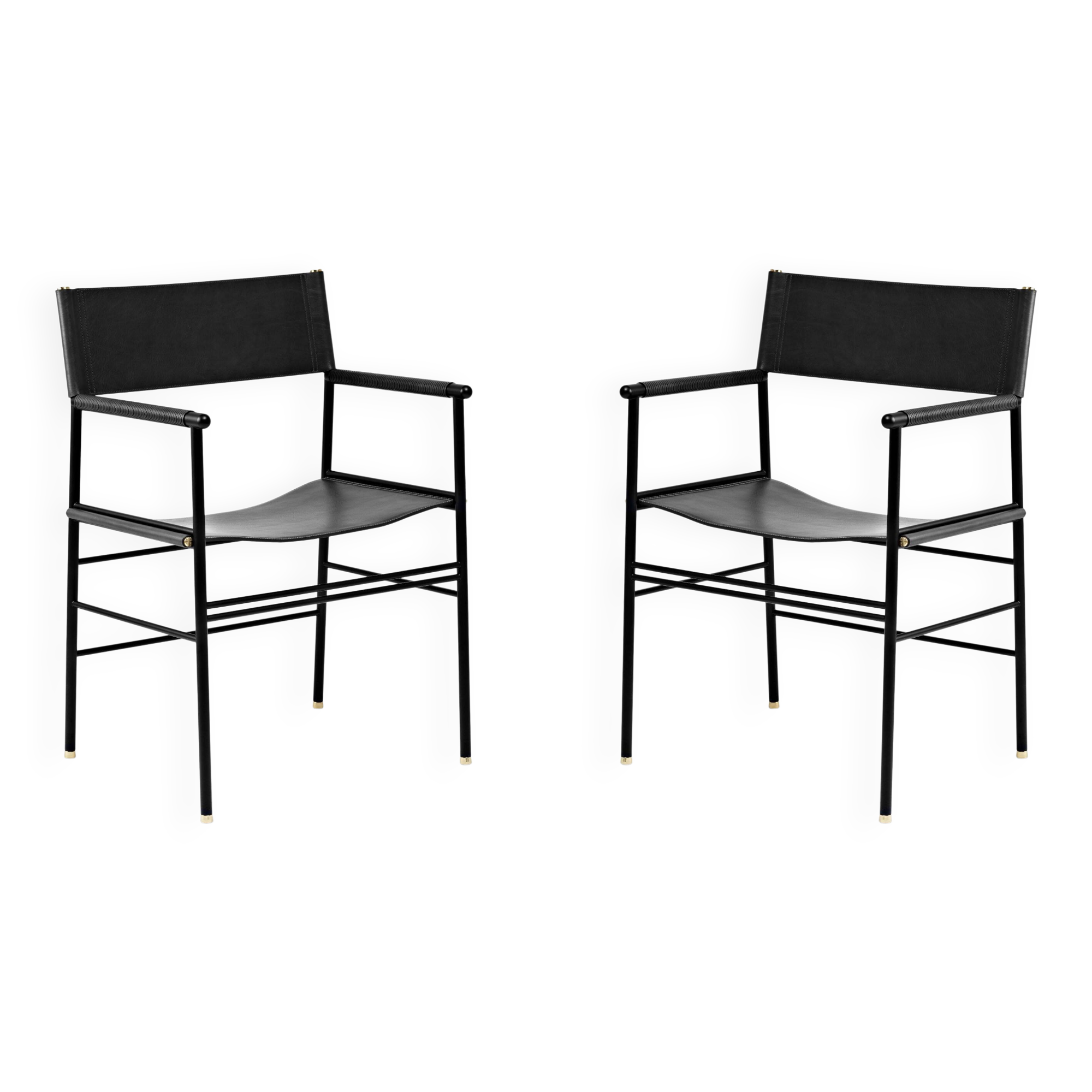 Pair of black leather and black metal bar stools