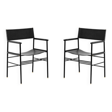 Pair of black leather and black metal bar stools