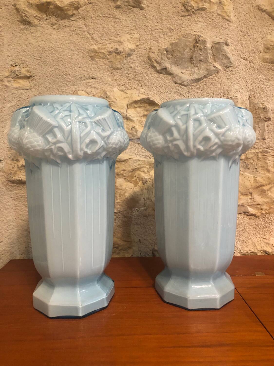 2 Antique blue opaline Art Nouveau vases with thistle motifs