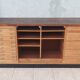 Workshop furniture with drawers and curtain in beech and walnut.