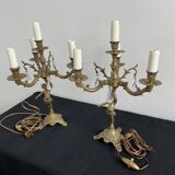 Paire de girandoles, candélabres, bronze, putti, cristal, 4 feux, pampilles, fin XIXème