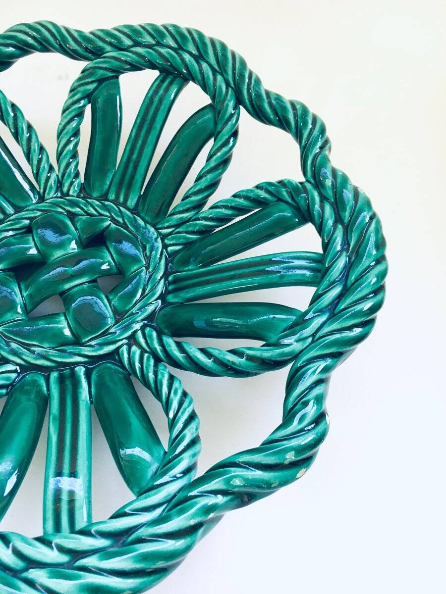 Mid-century Modern Art Ceramics Green Braided Woven Bowl by Vallauris, 1950s