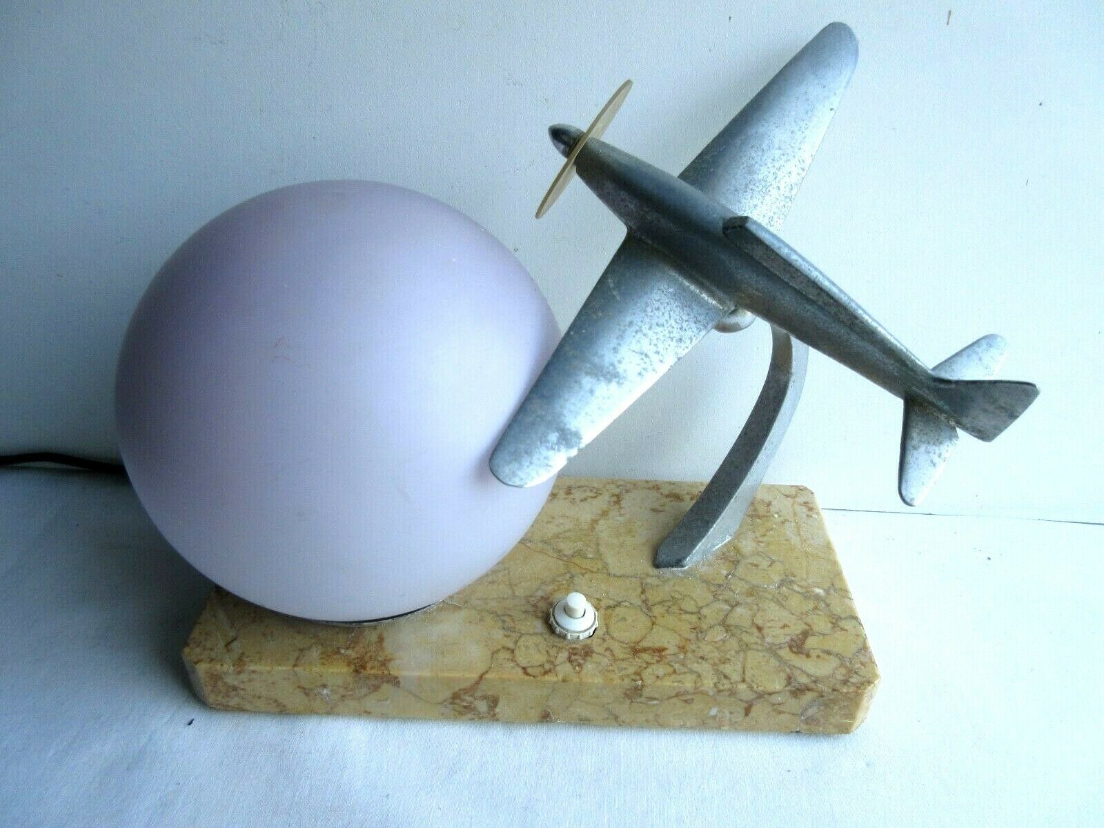 Art deco table lamp aluminum airplane and ball tulip on marble terrace