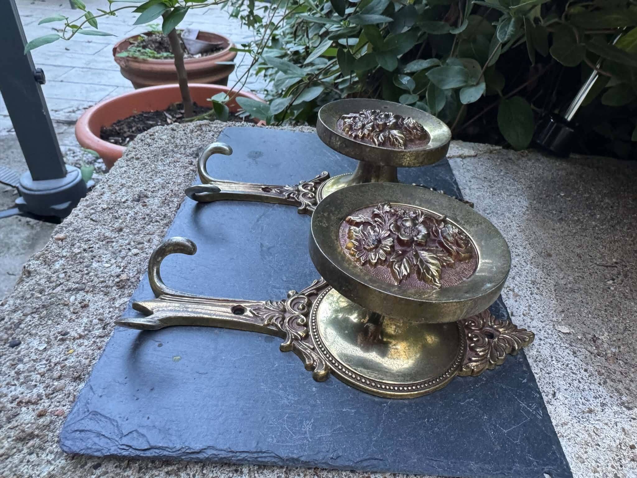 Pair of large solid brass coat hooks vintage Italy