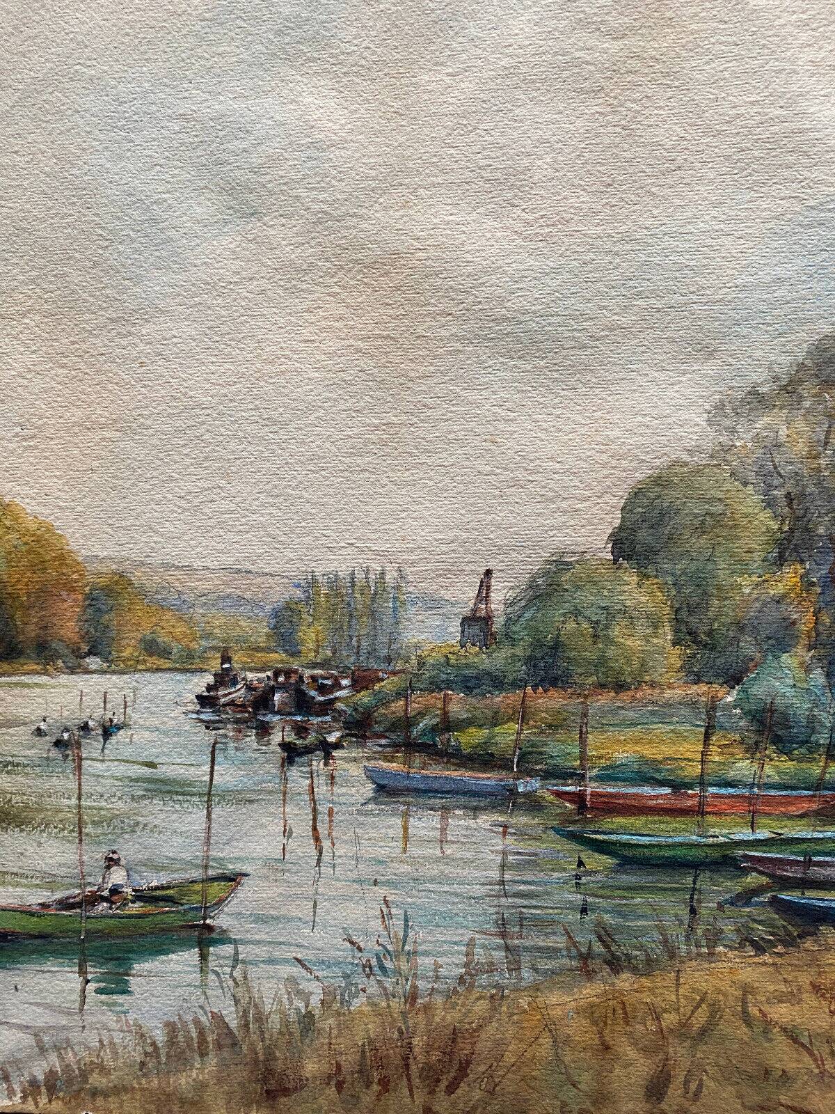 Large watercolor painting "Bords of the Yonne" with boats P. Guillon