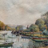 Tableau Aquarelle "Bords de l'Yonne" avec embarcations P. Guillon
