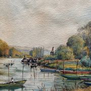 Large watercolor painting "Bords of the Yonne" with boats P. Guillon