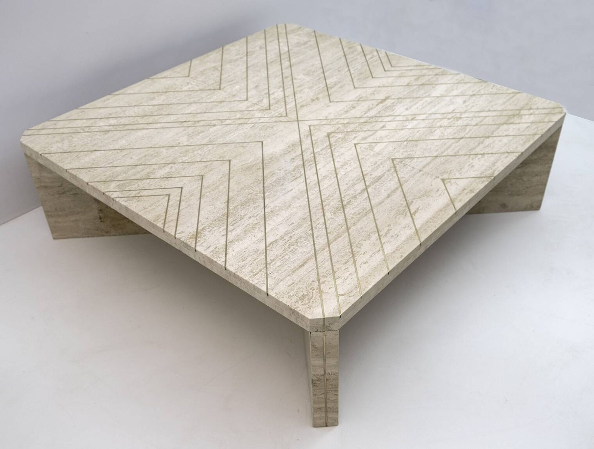 Mid-Century Italian Travertine Coffee Table with Brass Inlays, 70s