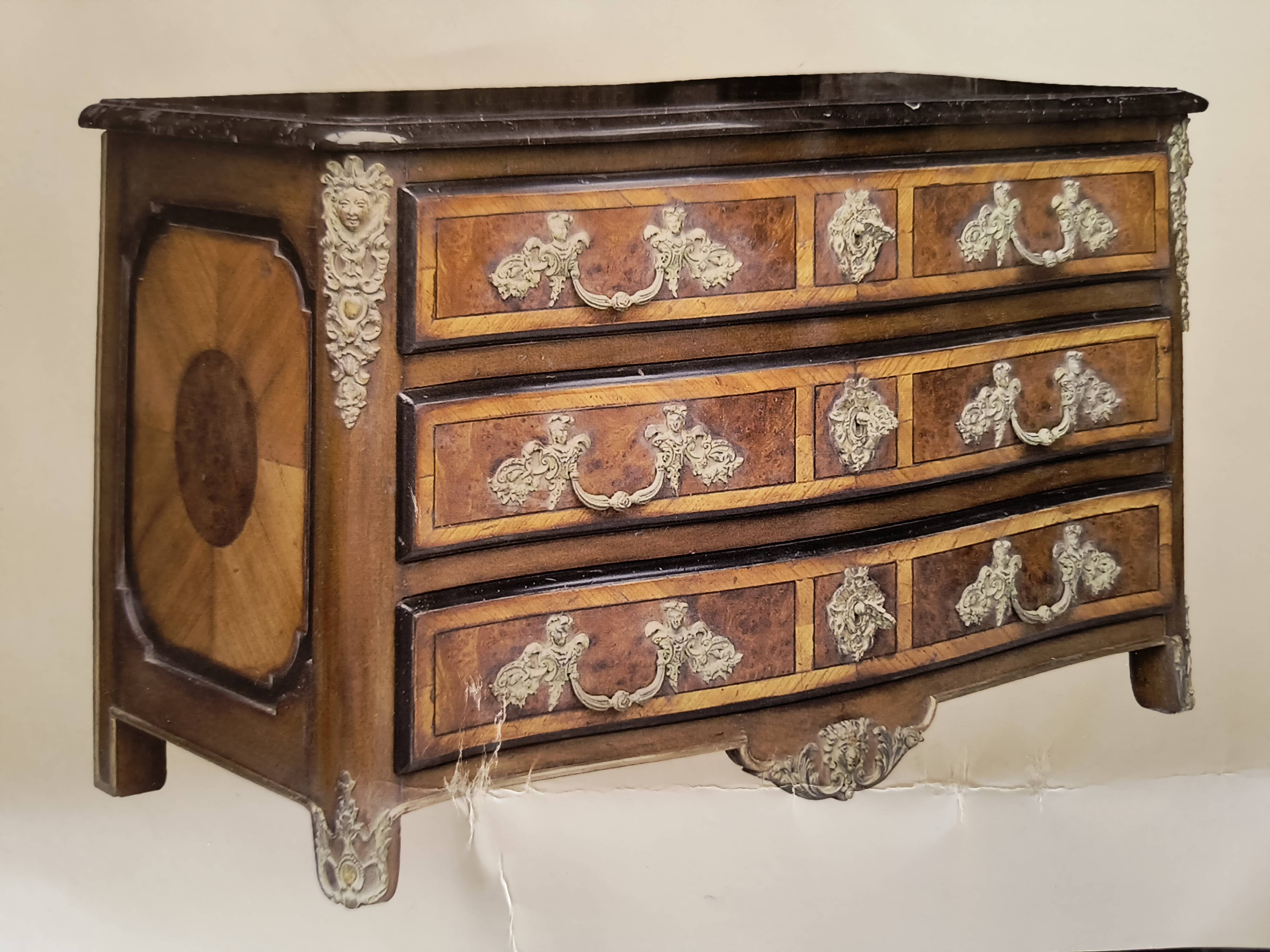 "Louis XIV" style commode with green Alpine marble and walnut burl.