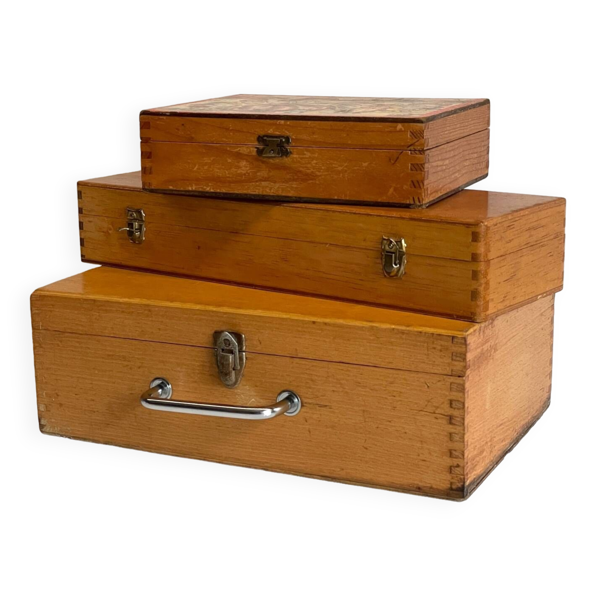 3 vintage dovetail wooden boxes