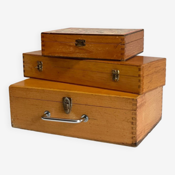 3 vintage dovetail wooden boxes