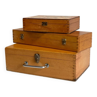 3 vintage dovetail wooden boxes