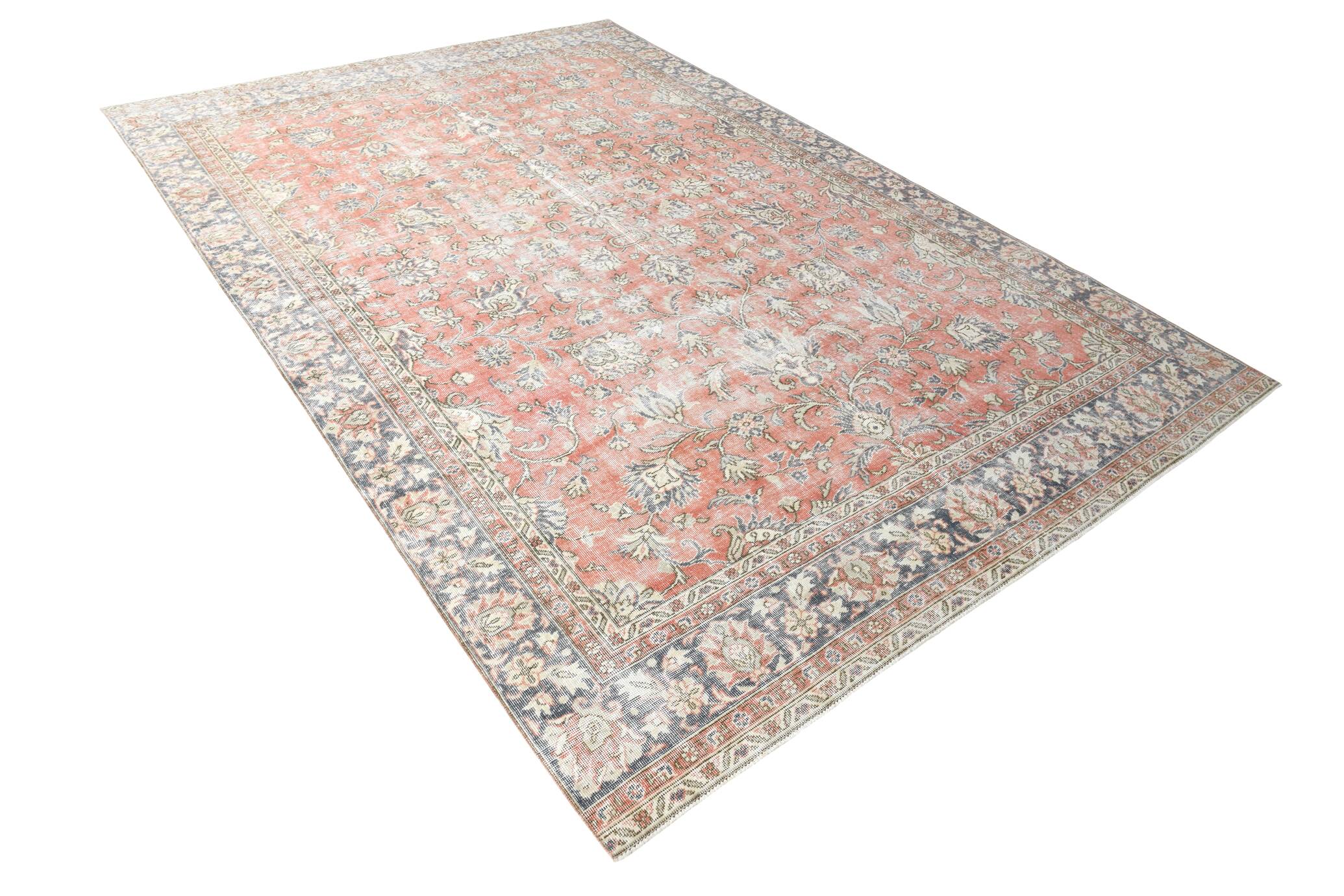 7x11 Salmon Pink & Blue Vintage Persian Rug, Large Floral Rustic Decor